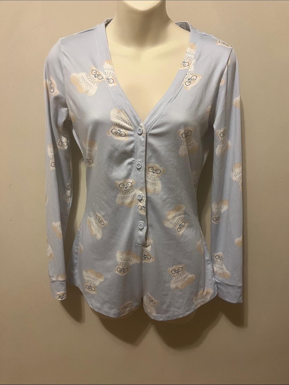 La Vie En Rose Light Blue Long-Sleeve Sleep Romper Buttons Front Top
